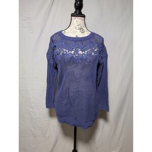 Lauren Conrad Women's Blue Open Weave Knit Sweater Stitched Floral Detail Size L